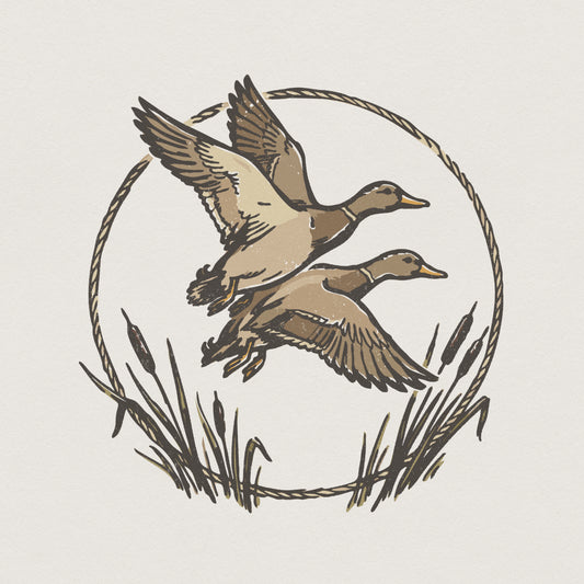 Vintage style illustration of two mallard ducks in flight over marsh cattails, framed by a rustic rope circle in earthy tan and brown tones.
