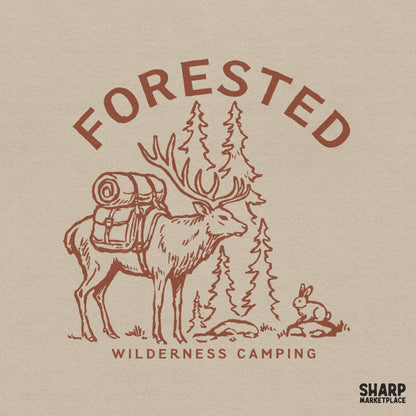 Rustic earth-toned elk with a hiking backpack and rabbit in a pine forest, featuring arched Forested Wilderness Camping text for apparel printing.
