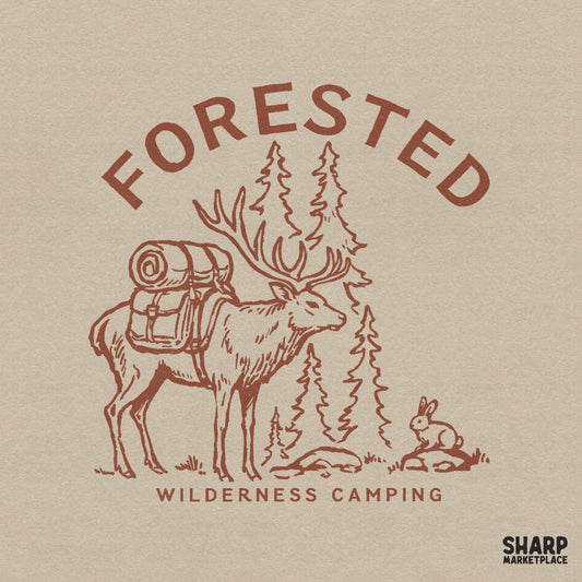 Rustic earth-toned elk with a hiking backpack and rabbit in a pine forest, featuring arched Forested Wilderness Camping text for apparel printing.