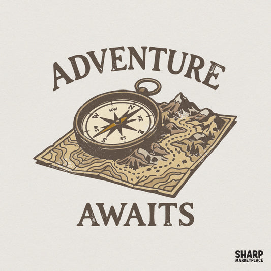 Adventure Awaits Compass Map Shirt, Retro Hiking T-Shirt - 300 DPI Design