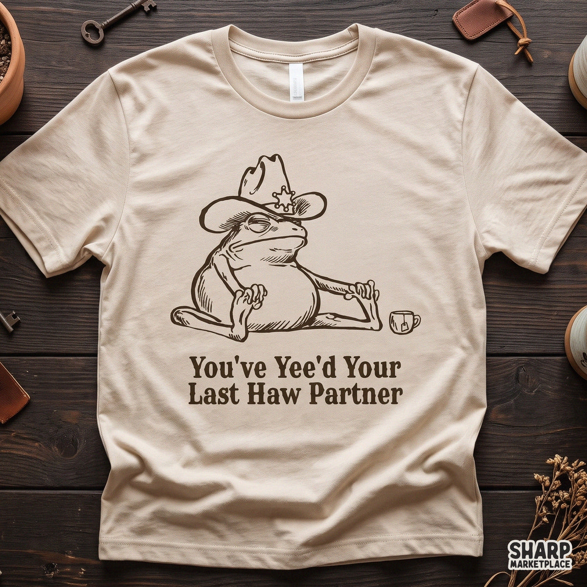 Funny western cowboy frog sublimation PNG design perfect for retro t-shirt printing and country graphics