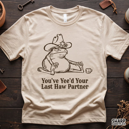 Funny western cowboy frog sublimation PNG design perfect for retro t-shirt printing and country graphics