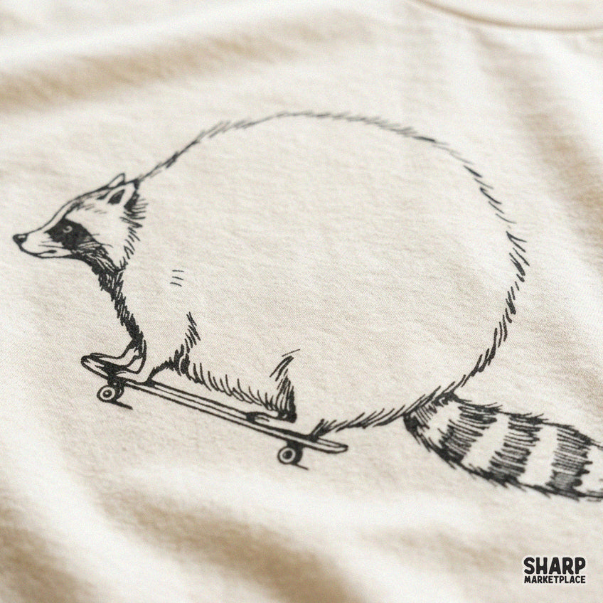 Round Chubby Raccoon on Skateboard Sketch Trendy PNG Shirt