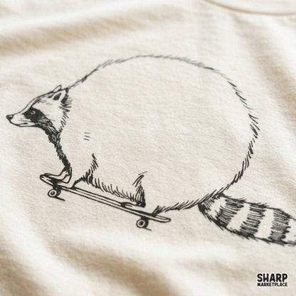 Round Chubby Raccoon on Skateboard Sketch Trendy PNG Shirt