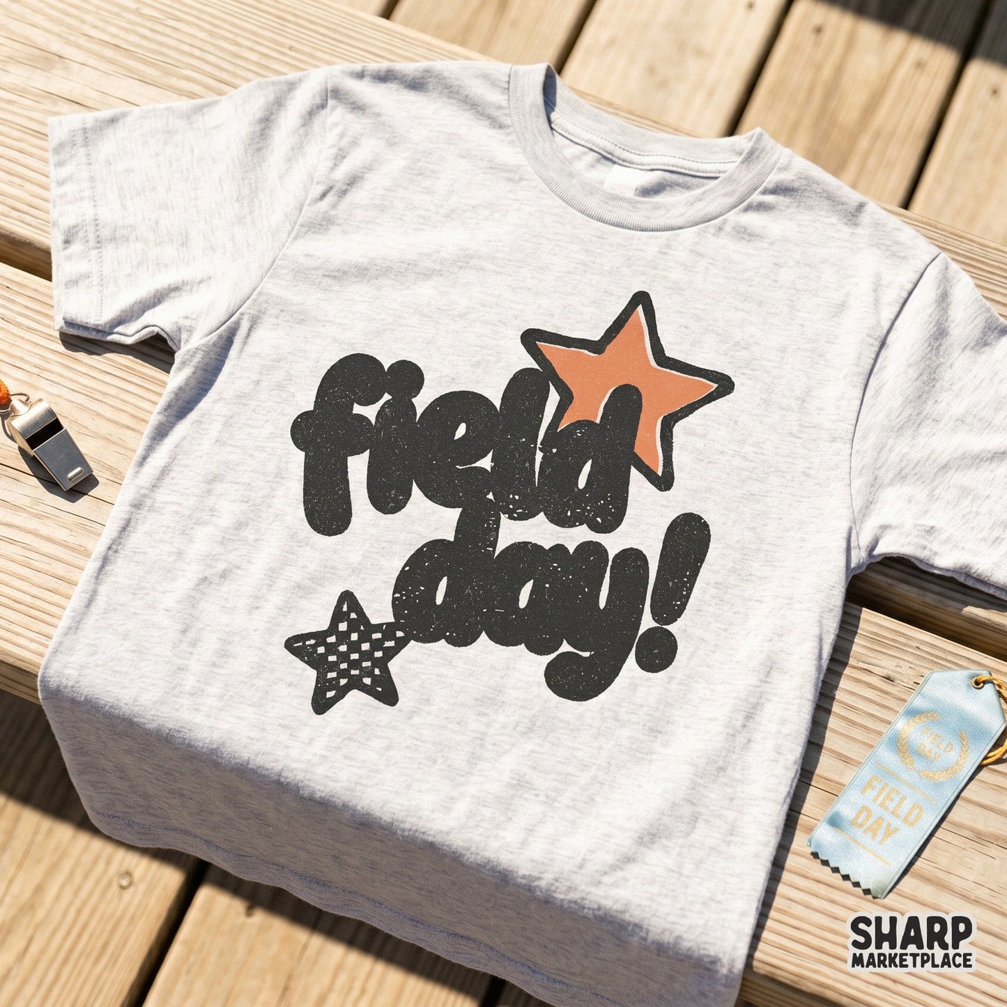 Digital sublimation design for shirts featuring Field Day text in a distressed bubble font with two stars, perfect for school sports day projects.