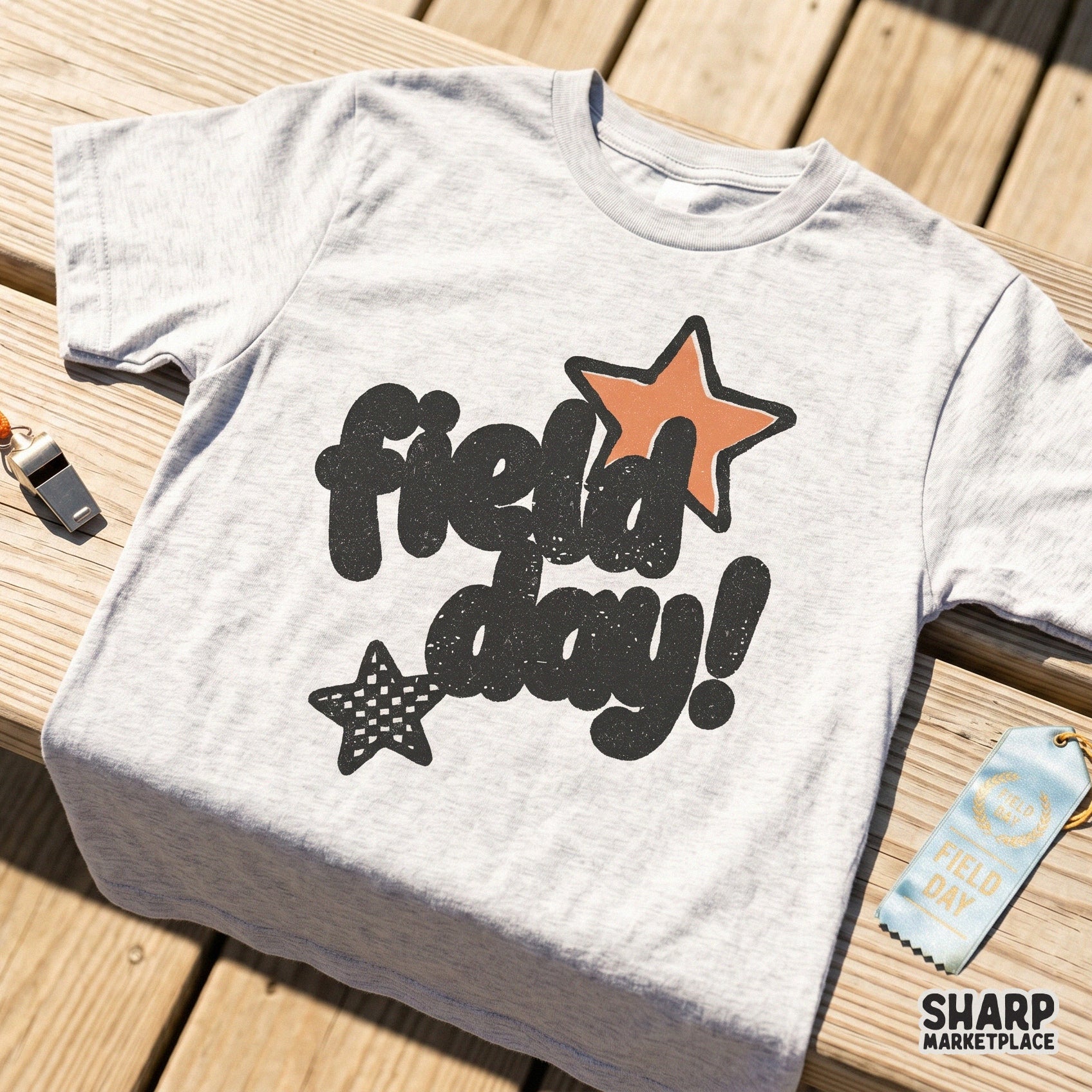 Digital sublimation design for shirts featuring Field Day text in a distressed bubble font with two stars, perfect for school sports day projects.