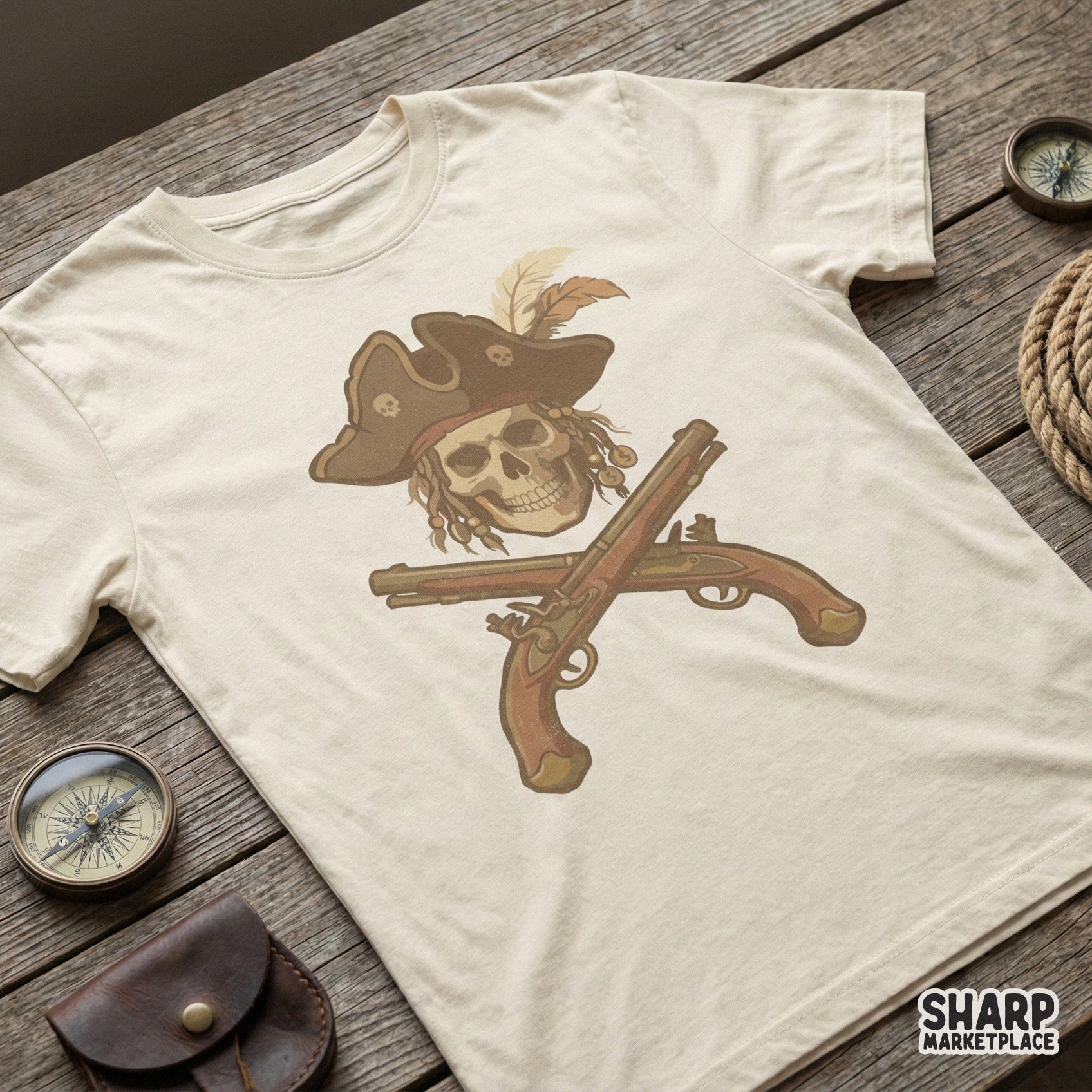 Pirate Skull PNG, Vintage Pistol Crossbones Digital Art - 300 DPI Design