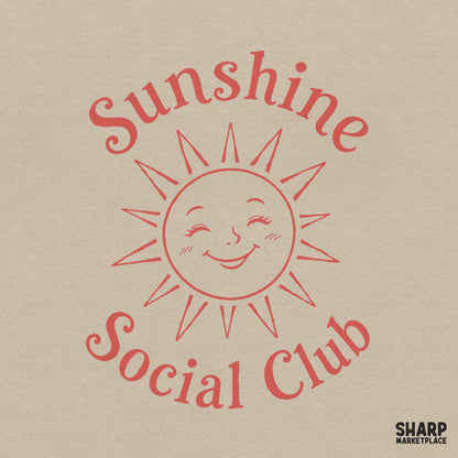 Retro Sunshine Social Club PNG with a groovy happy face and pink bow for trendy coquette summer apparel designs