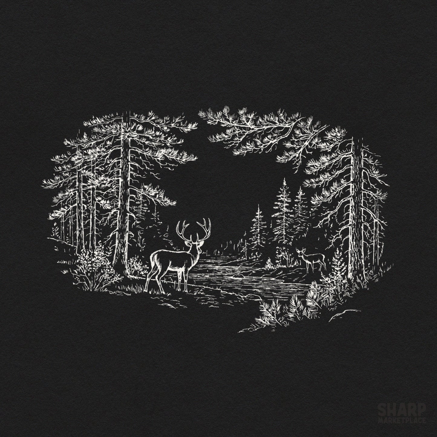 Rustic forest clearing with deer and pine trees hunting png graphic for fall shirts and sublimation design