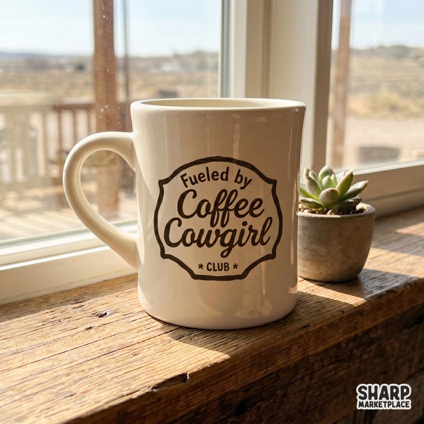 Decorative western emblem with the phrase Fueled by Coffee Cowgirl Club, featuring a rustic aesthetic for custom stickers or tumblers.