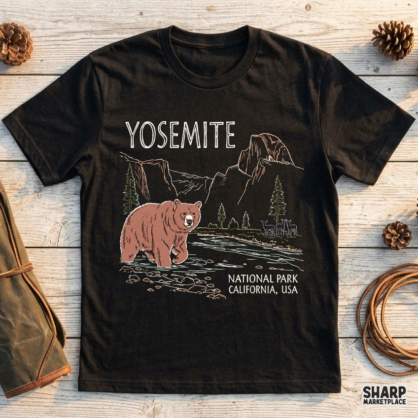 Vintage bear silhouette with scenic Yosemite mountains and night sky for retro outdoor adventure t-shirts