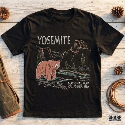 Vintage bear silhouette with scenic Yosemite mountains and night sky for retro outdoor adventure t-shirts