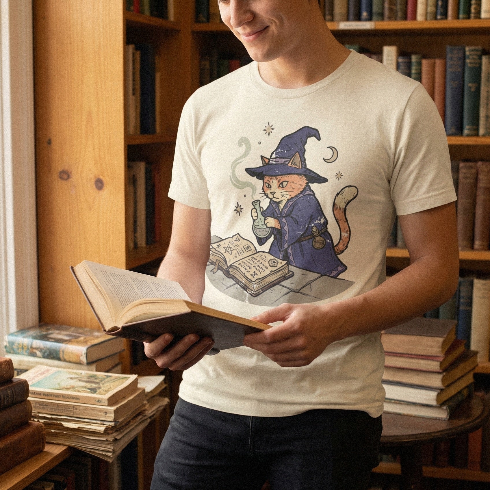 Wizard Cat PNG, Magic Spell Book Art - 300 DPI Design for T-Shirt