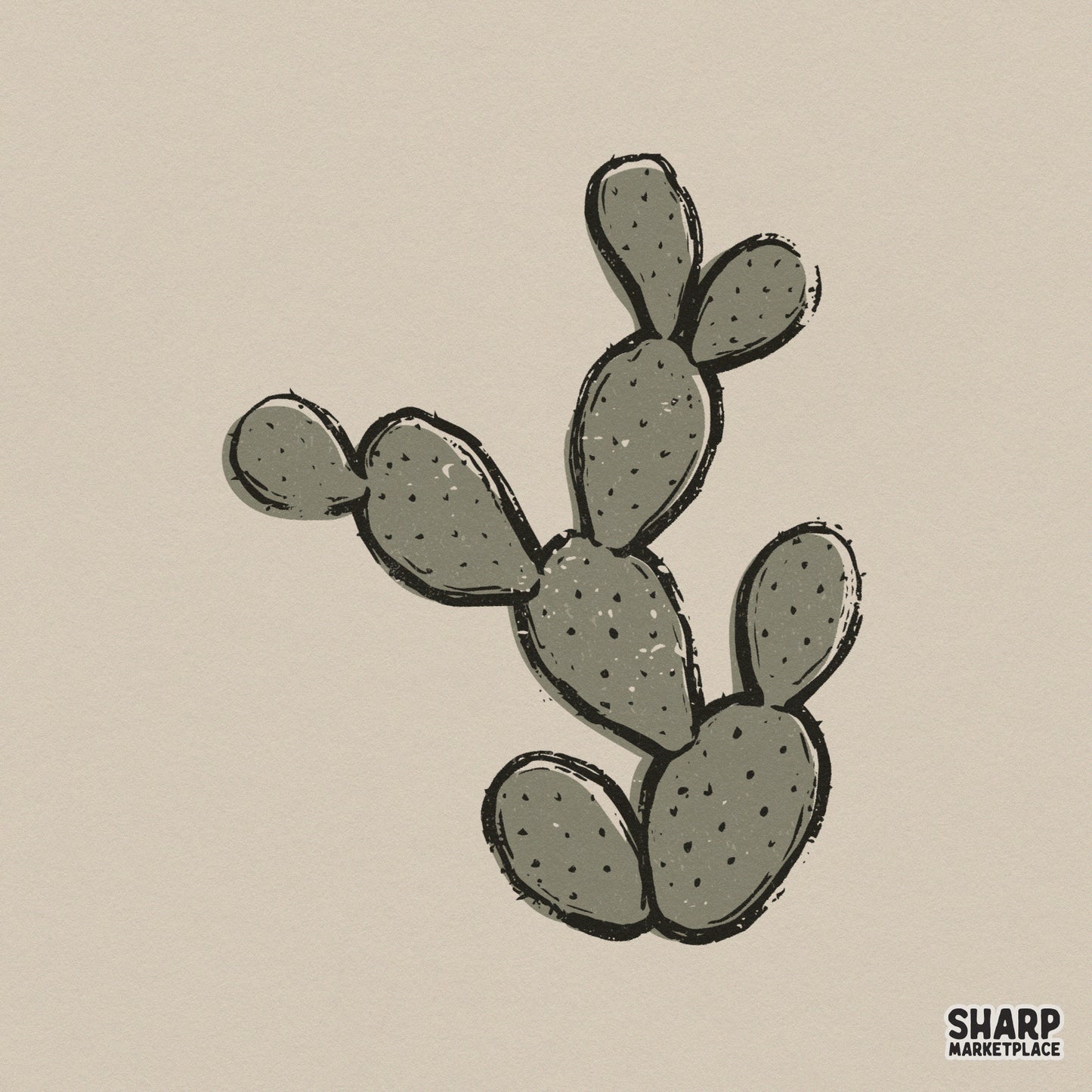 Hand-drawn prickly pear cactus illustration in muted olive green with black outlines and stippled texture for desert-themed DIY projects.