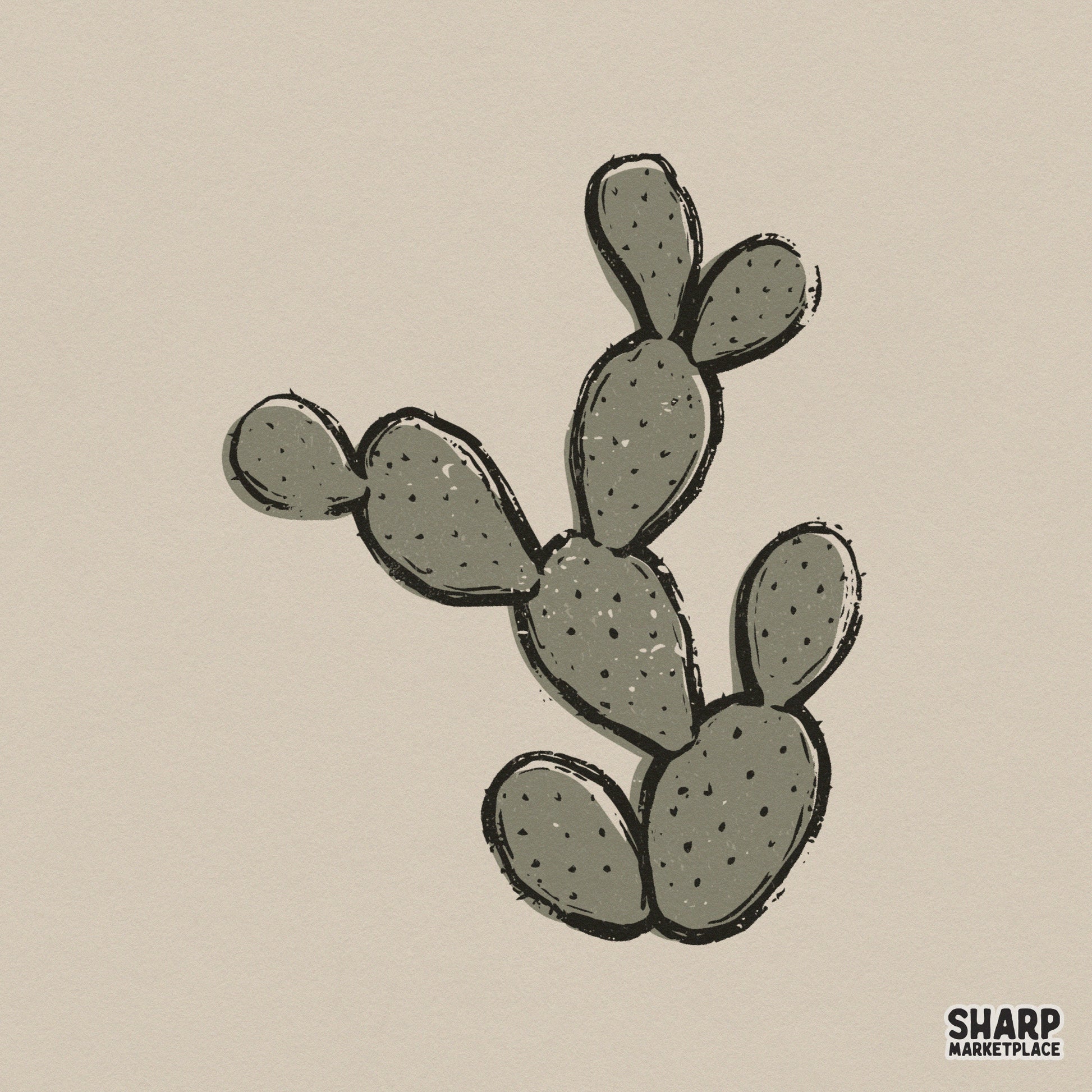 Hand-drawn prickly pear cactus illustration in muted olive green with black outlines and stippled texture for desert-themed DIY projects.