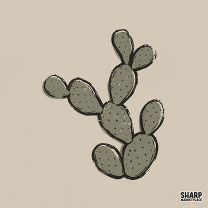 Hand-drawn prickly pear cactus illustration in muted olive green with black outlines and stippled texture for desert-themed DIY projects.