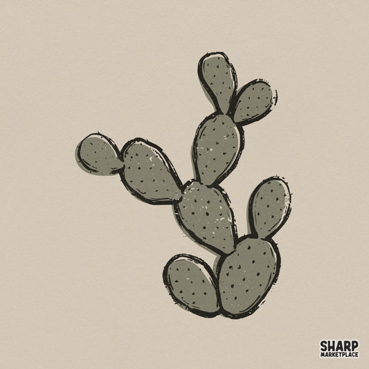 Hand-drawn prickly pear cactus illustration in muted olive green with black outlines and stippled texture for desert-themed DIY projects.