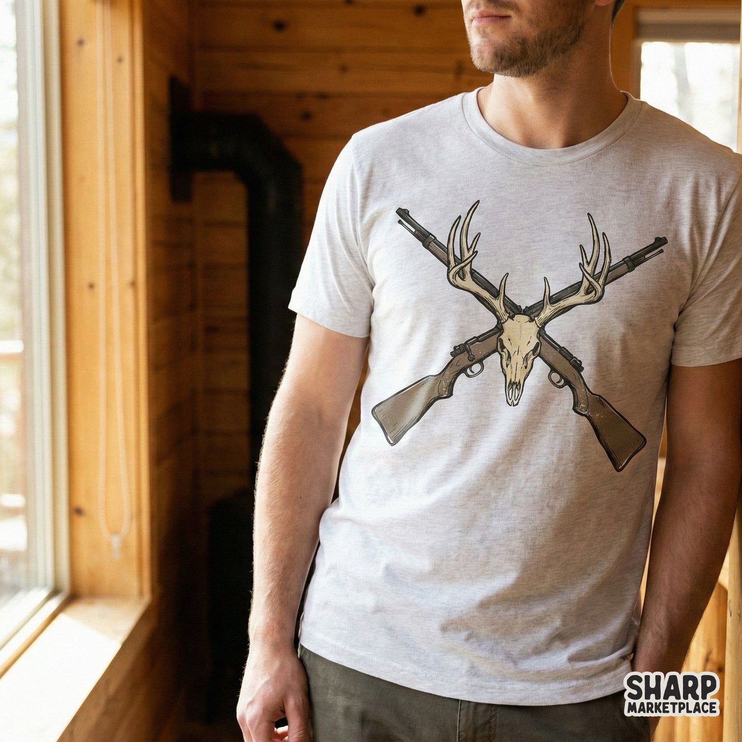 Deer Skull Antlers PNG, Crossed Rifle Hunting Design - 300 DPI Design for