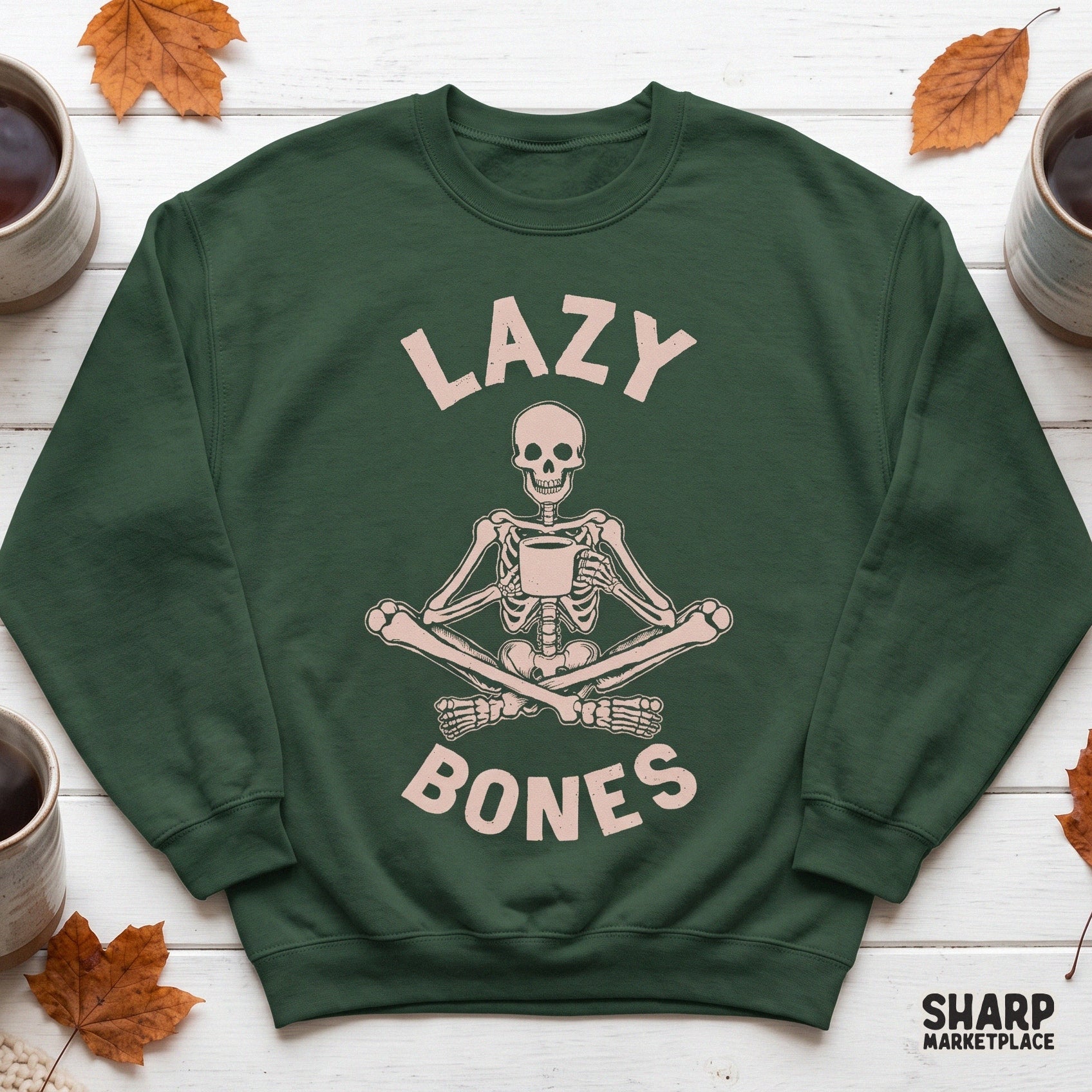 Pink retro lazy bones skeleton with coffee cup spooky season Halloween PNG design for trendy t-shirt sublimation printing