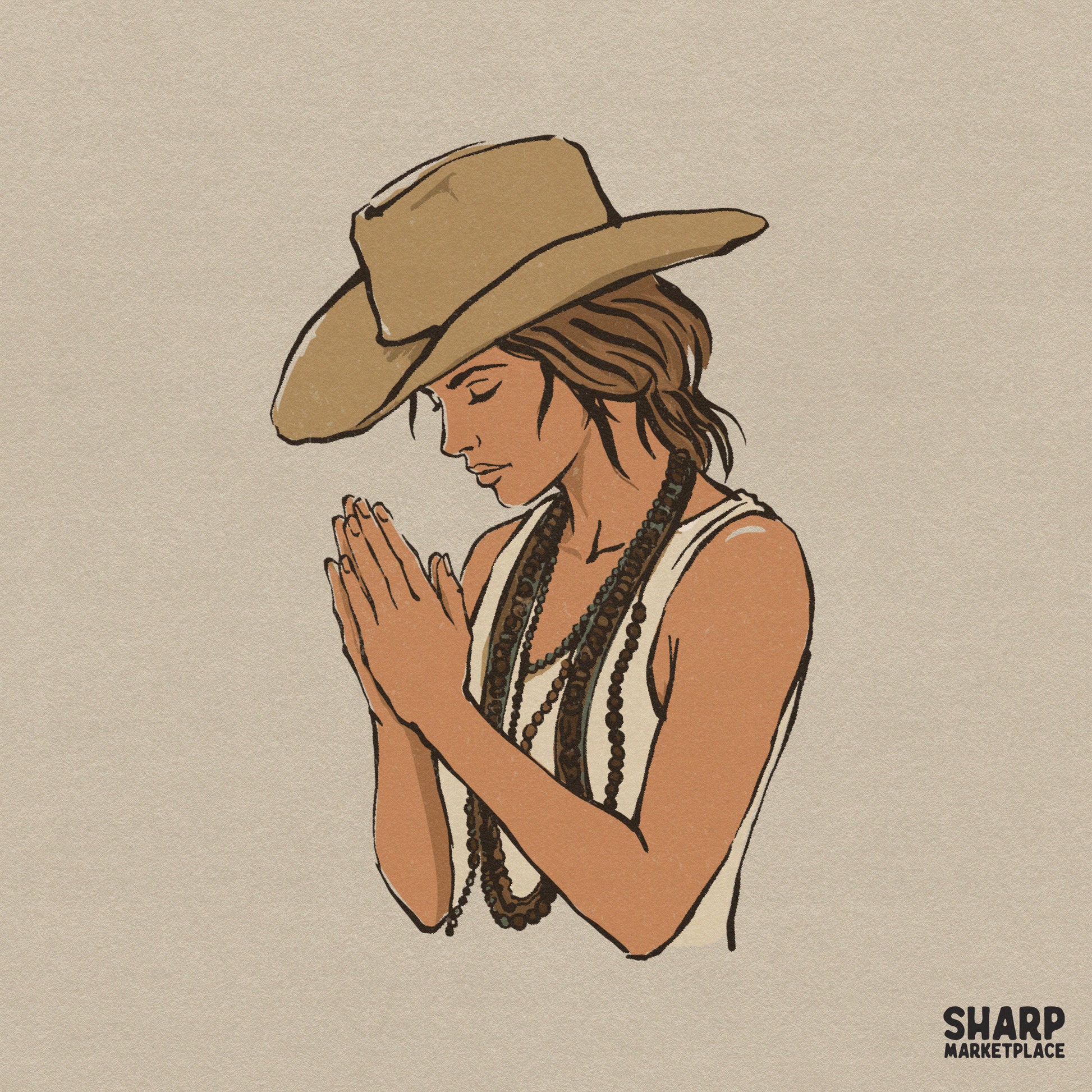 Praying Cowgirl Boho Western Portrait, Christian Png - 300 DPI Design for