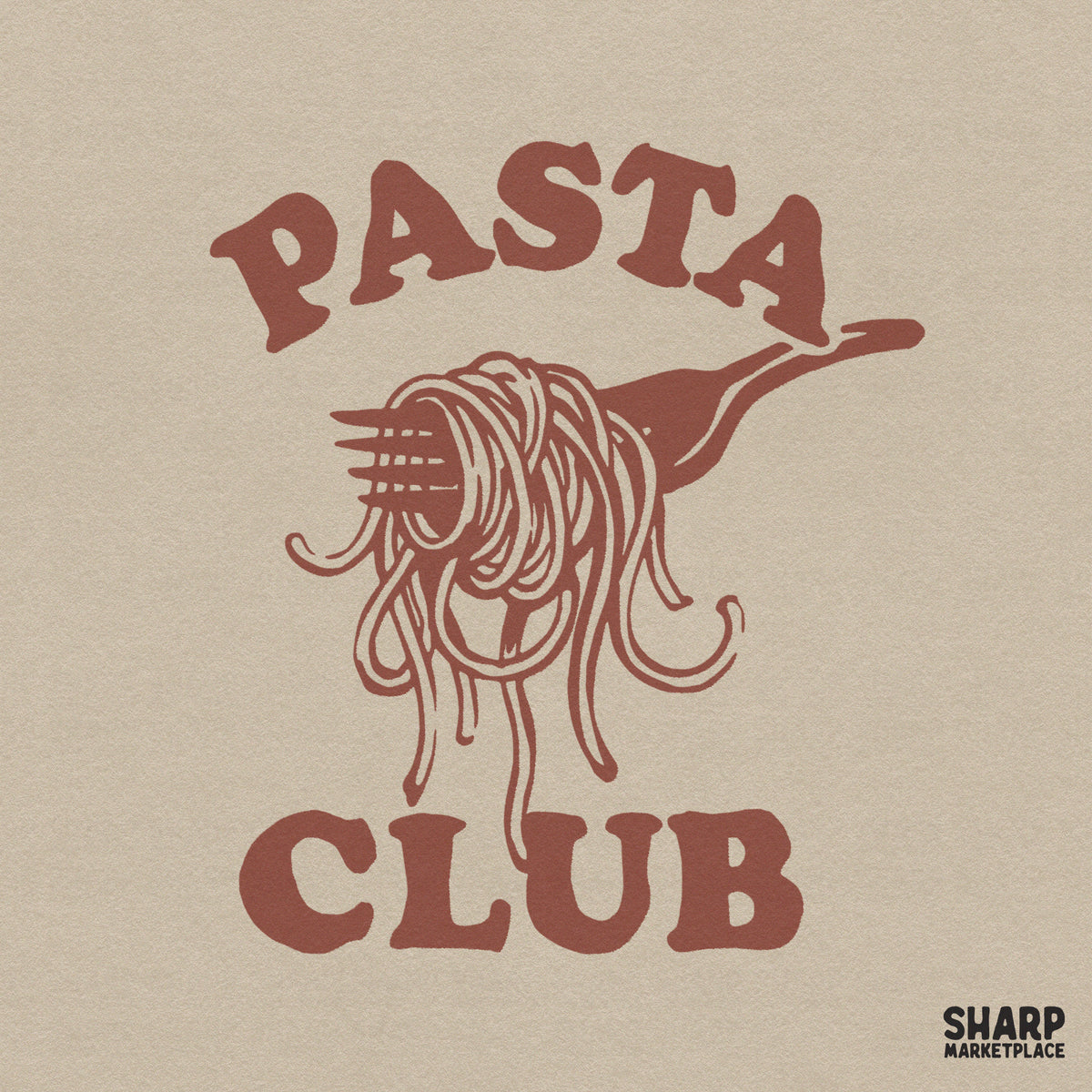 Retro Pasta Club graphic featuring a fork twirling spaghetti noodles in muted terracotta red, perfect for trendy apparel and sublimation projects.