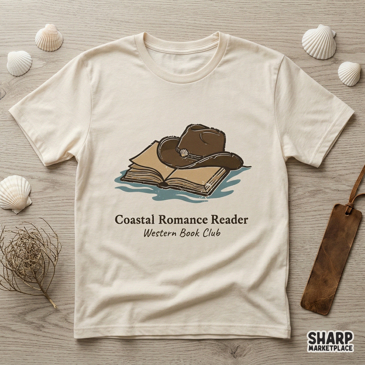 Printable western book club graphic with a brown cowboy hat and open book, perfect for custom stickers, tote bags, or cozy reader gift projects.