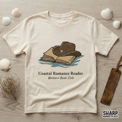 Printable western book club graphic with a brown cowboy hat and open book, perfect for custom stickers, tote bags, or cozy reader gift projects.