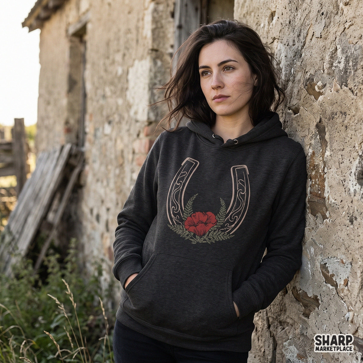 Western horseshoe with red poppy flower and ferns digital PNG for country cowgirl t-shirt sublimation