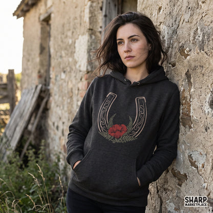 Western horseshoe with red poppy flower and ferns digital PNG for country cowgirl t-shirt sublimation