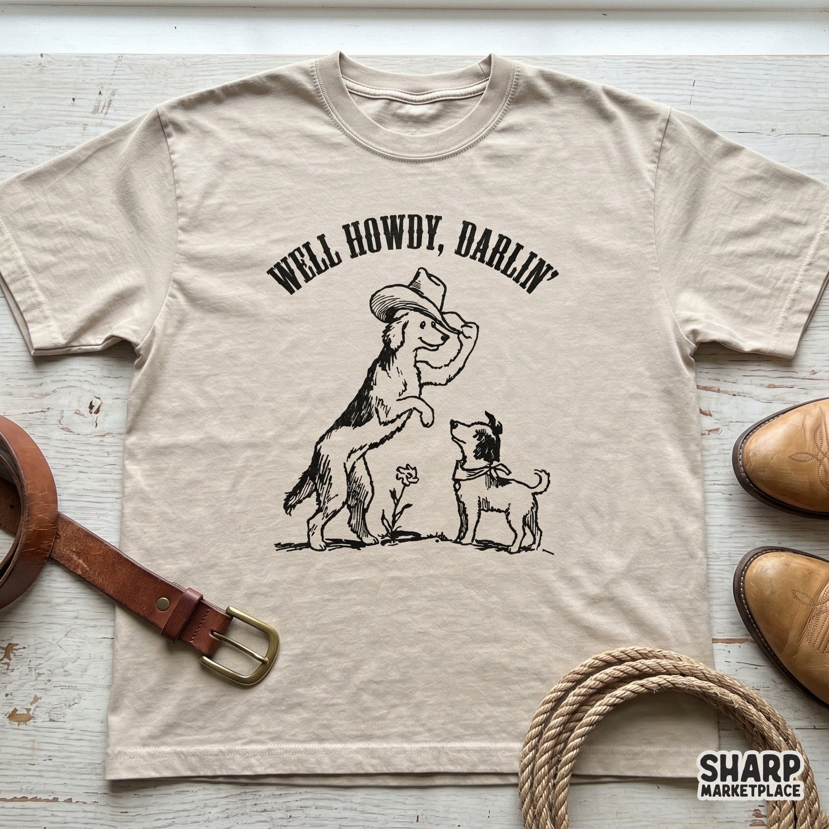 Cute western-themed pet illustration with a dog greeting a friend, ideal for sublimation printing on tumblers, stickers, or personalized home decor.