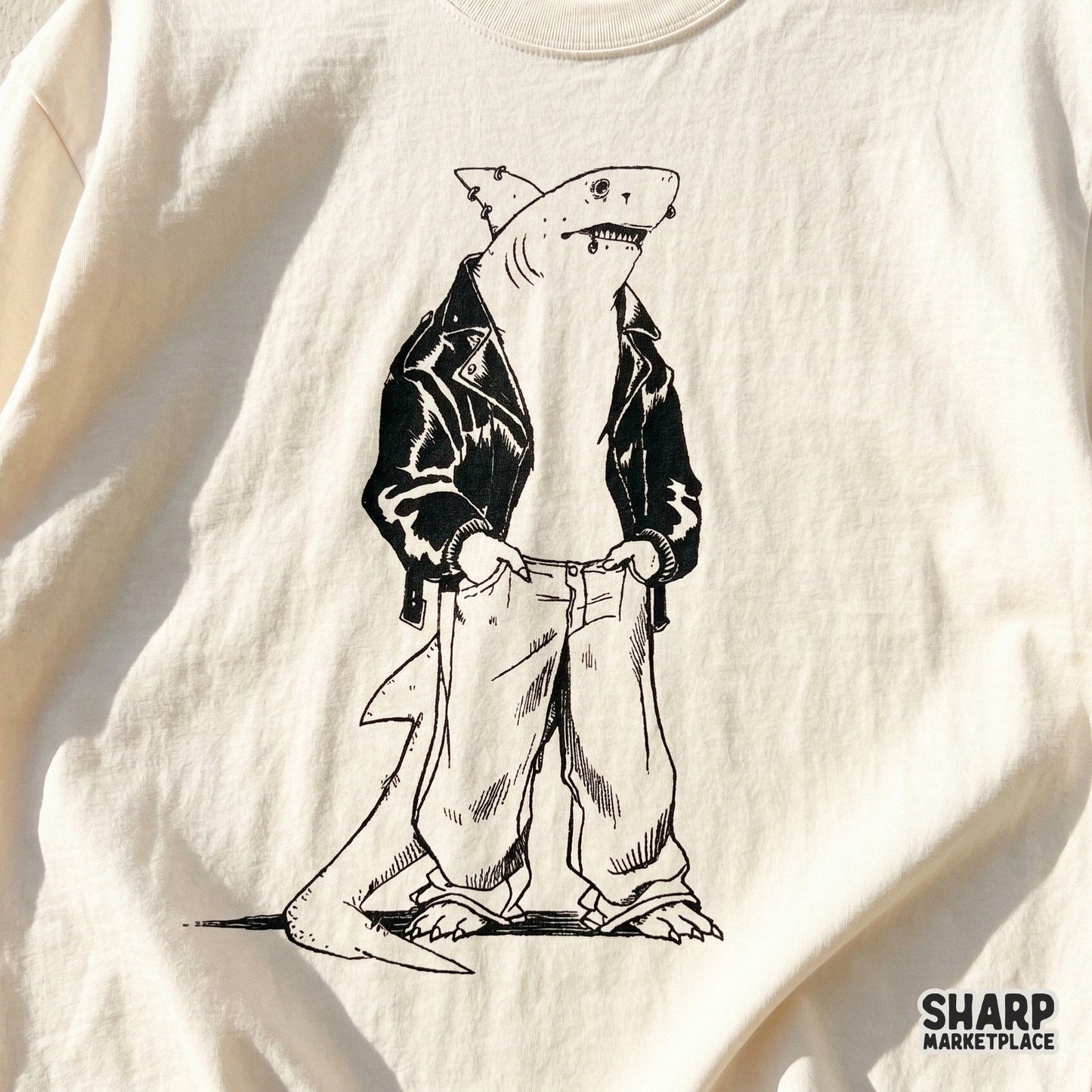 Edgy anthropomorphic shark wearing a leather jacket and baggy jeans y2k streetwear shirt graphic