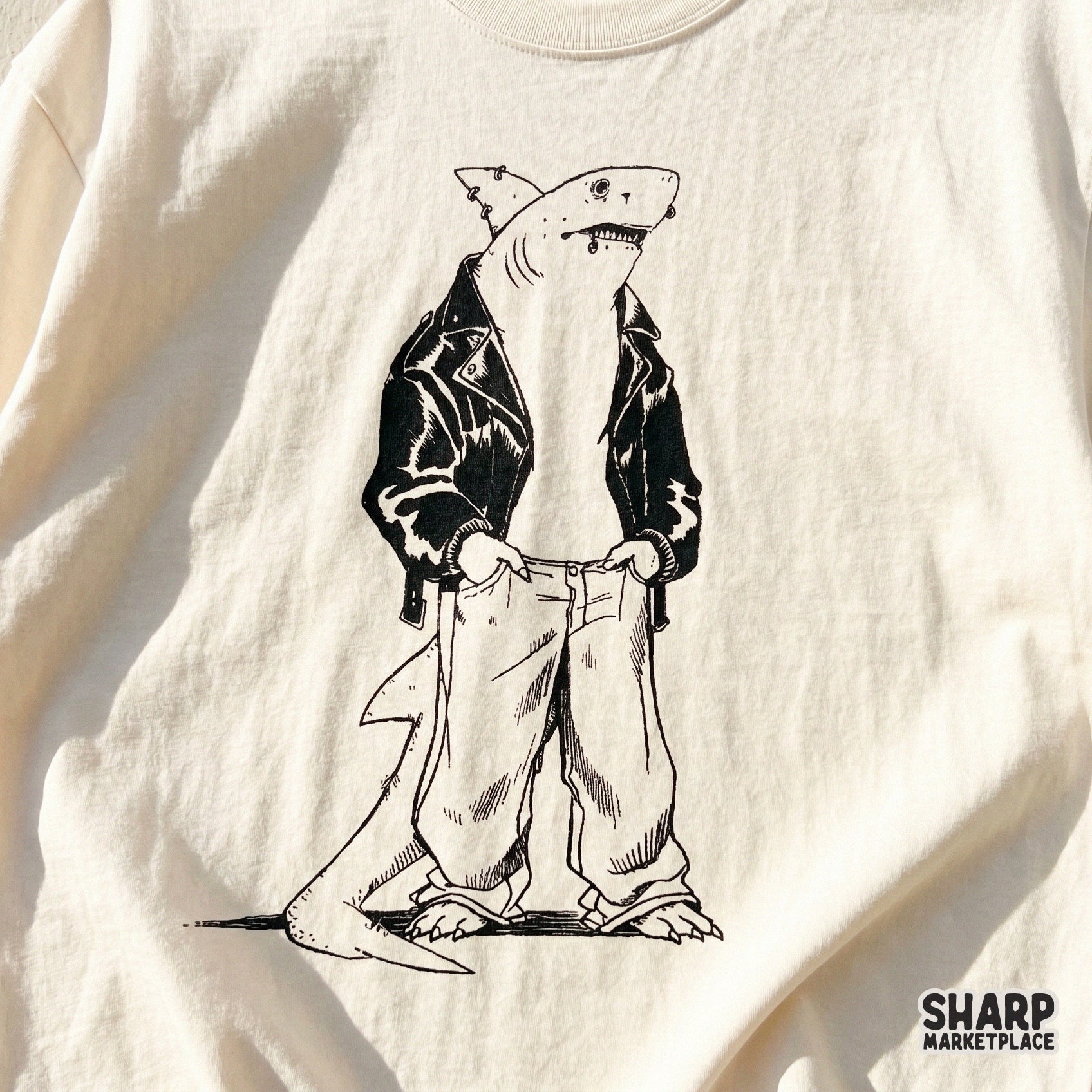 Edgy anthropomorphic shark wearing a leather jacket and baggy jeans y2k streetwear shirt graphic