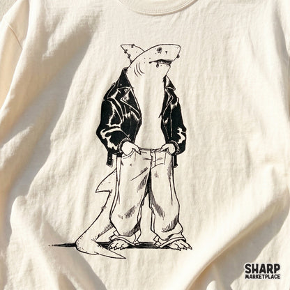 Edgy anthropomorphic shark wearing a leather jacket and baggy jeans y2k streetwear shirt graphic