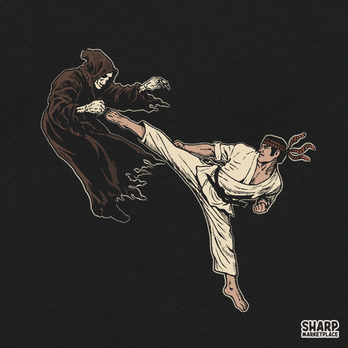 Martial arts jump kick grim reaper PNG graphic for funny Halloween t-shirts and retro spooky season apparel