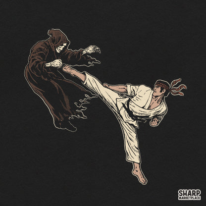 Martial arts jump kick grim reaper PNG graphic for funny Halloween t-shirts and retro spooky season apparel