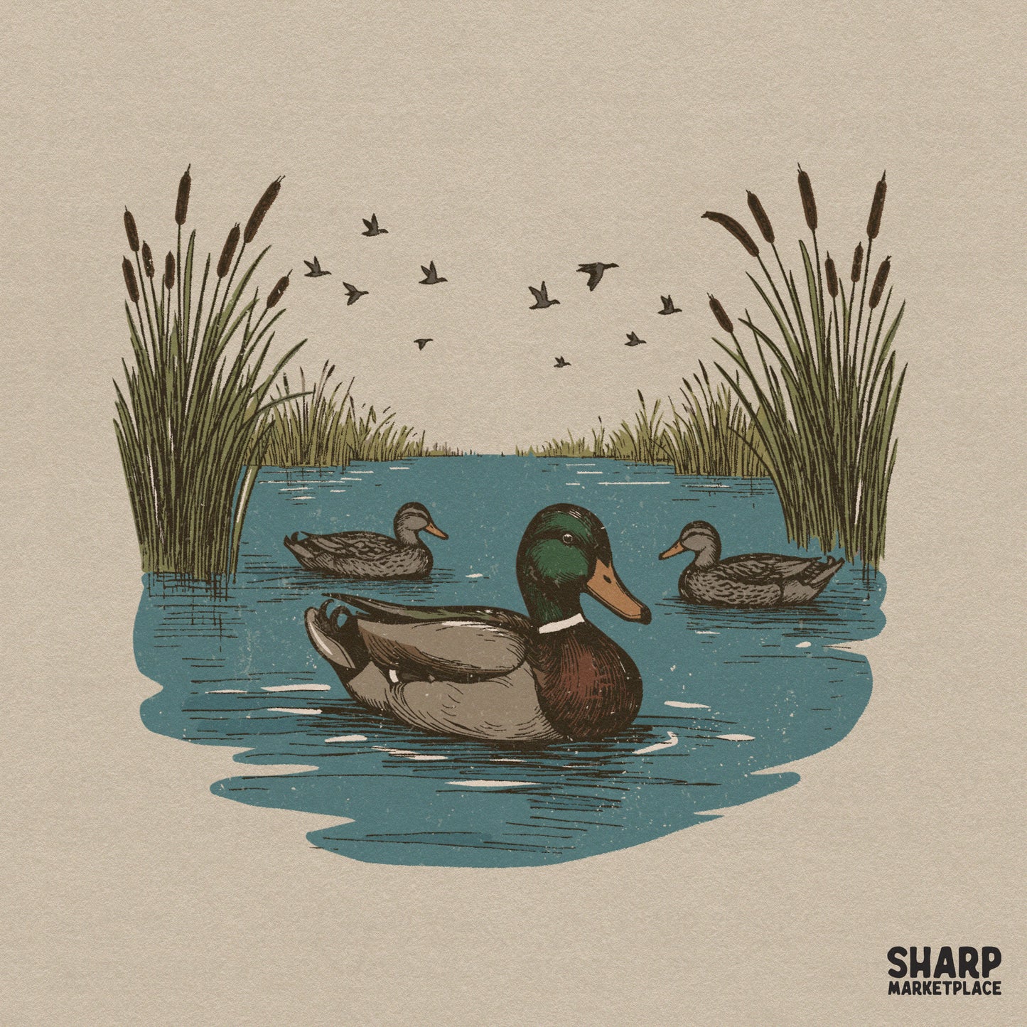 Retro vintage mallard ducks swimming in a pond with cattails for fall sublimation shirt designs