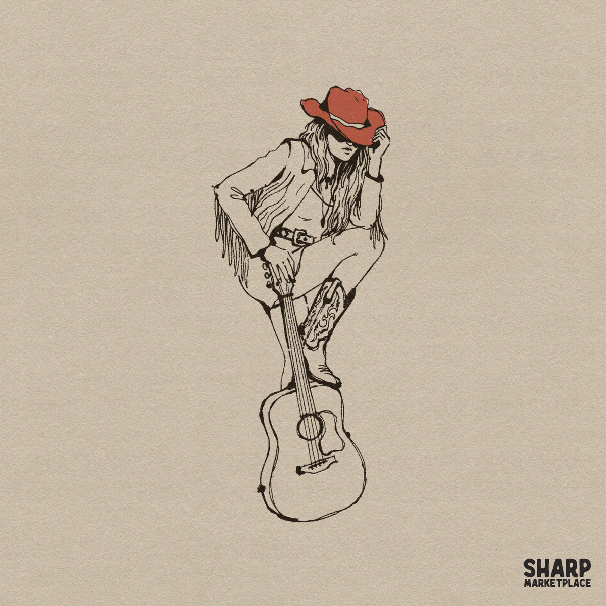 Minimalist black ink sketch of a cowgirl in a fringed jacket and boots sitting on an acoustic guitar, featuring a striking red cowboy hat.