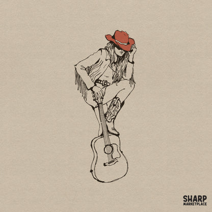 Minimalist black ink sketch of a cowgirl in a fringed jacket and boots sitting on an acoustic guitar, featuring a striking red cowboy hat.