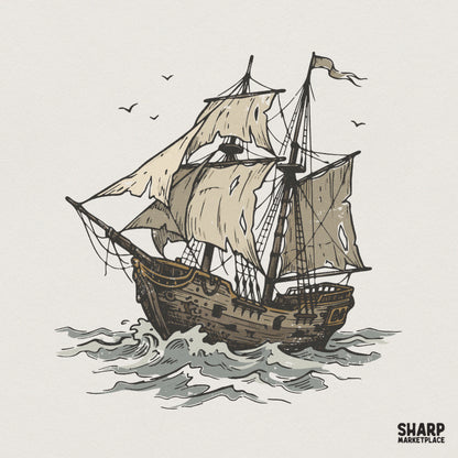 Vintage Sailing Ship PNG, Nautical Pirate Boat - 300 DPI Design for T-Shirt