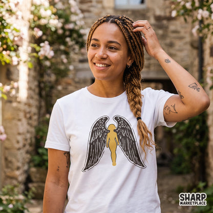 Golden guardian angel silhouette with majestic wings Christian PNG sublimation design for religious shirts
