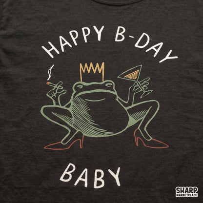 Funny retro baby frog in a bikini with a martini glass birthday PNG design for t-shirts and gifts