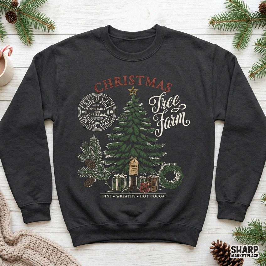 Retro Christmas tree farm PNG graphic for winter holiday t-shirt sublimation designs