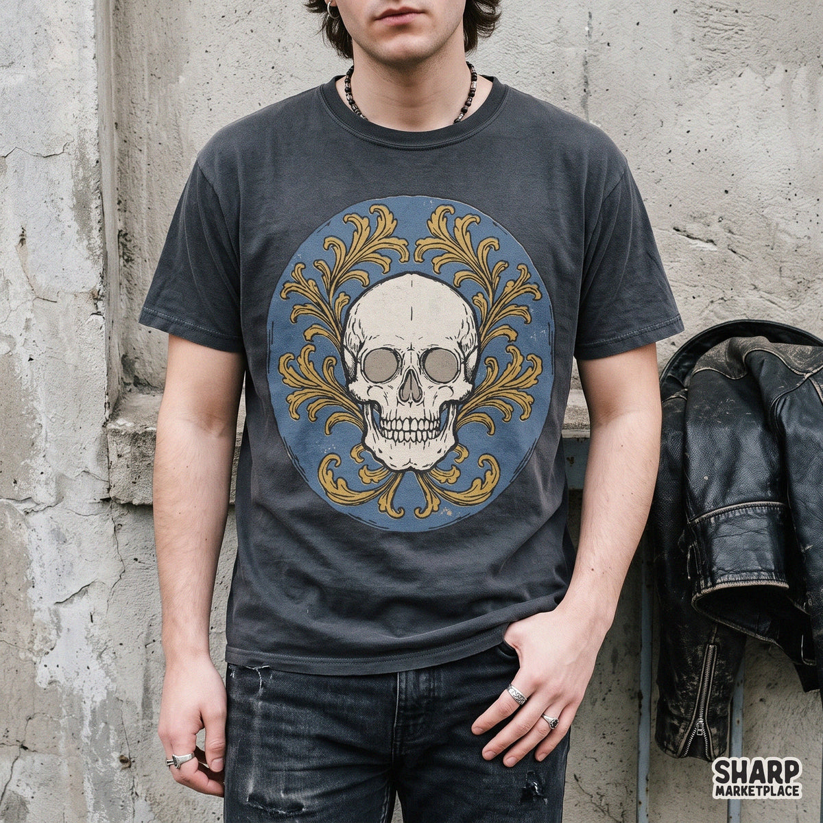 Antique Skull Set In Blue Medallion With Gold Acanthus