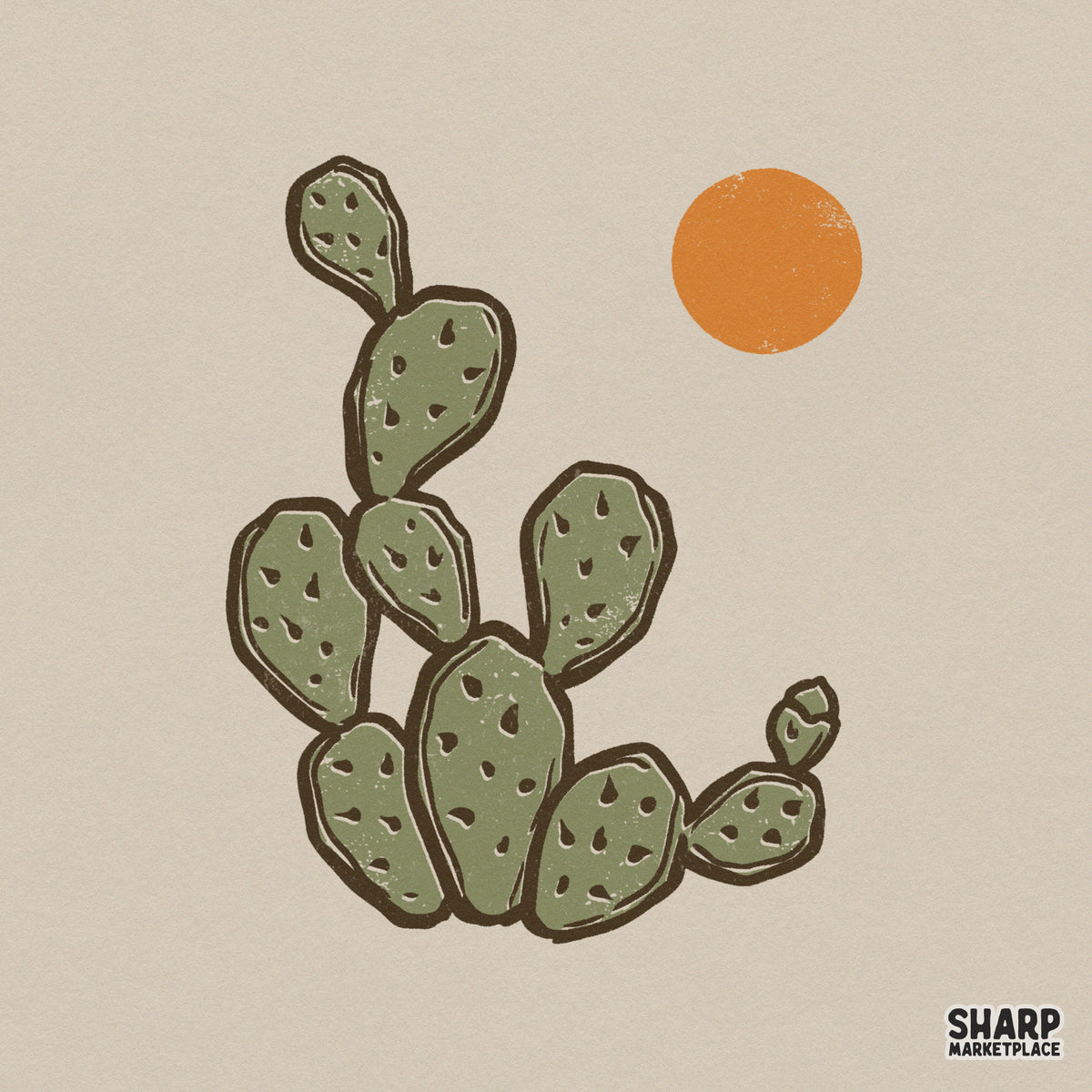 Hand-drawn prickly pear cactus with a textured orange sun, featuring a rustic boho aesthetic in olive green for sublimation and apparel projects.