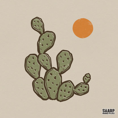 Hand-drawn prickly pear cactus with a textured orange sun, featuring a rustic boho aesthetic in olive green for sublimation and apparel projects.