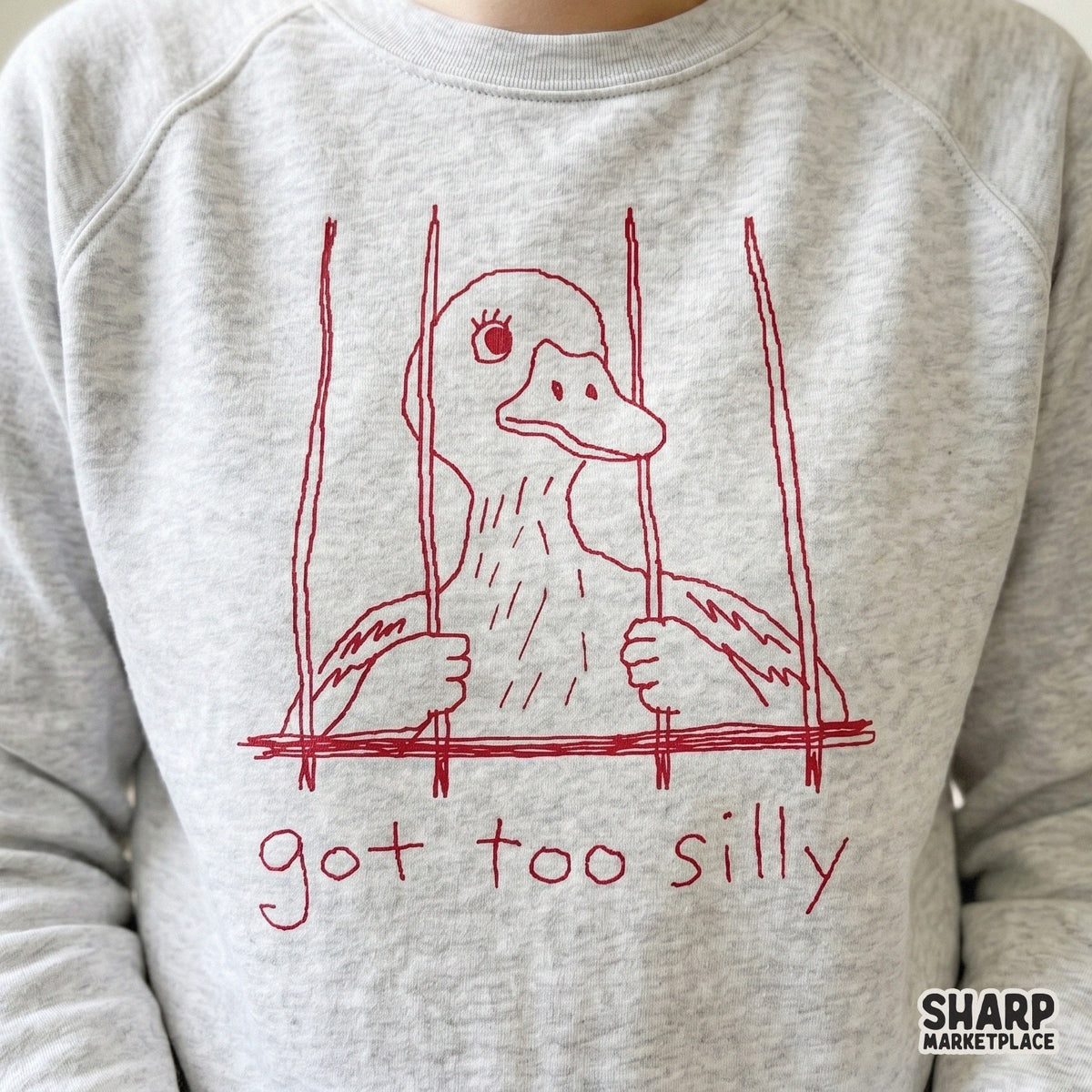 Quirky red monochromatic duck illustration behind jail bars with the phrase got too silly, a high-quality digital graphic for print-on-demand crafts.