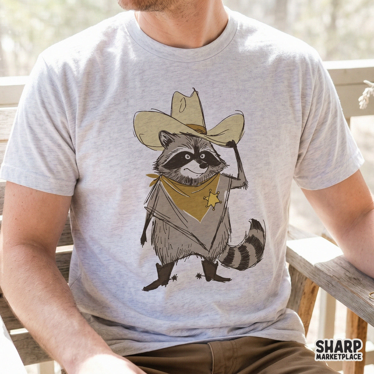 Whimsical raccoon sheriff illustration with a retro sketch style, perfect for custom t-shirts, stickers, and western-themed printable gifts