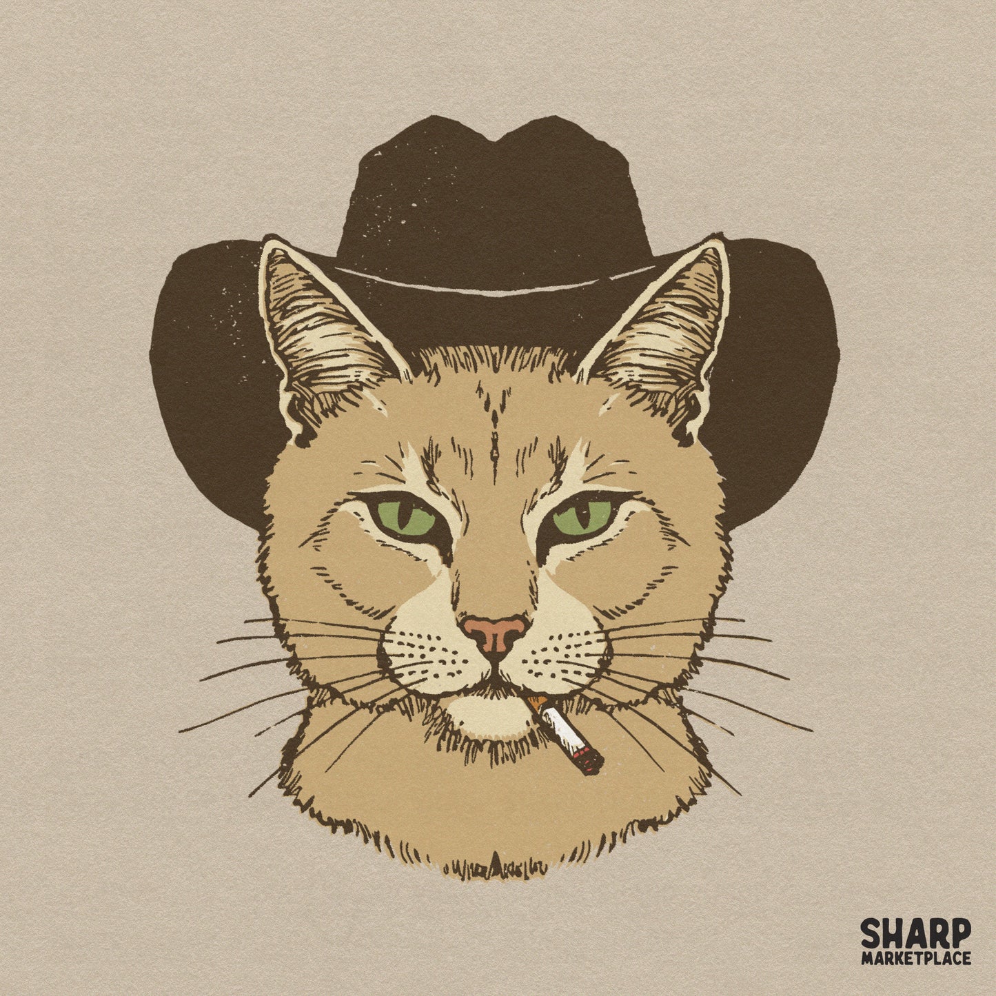 Hand-drawn illustration of a cool cat wearing a brown western cowboy hat with a cigarette in its mouth, perfect for sublimation and apparel.