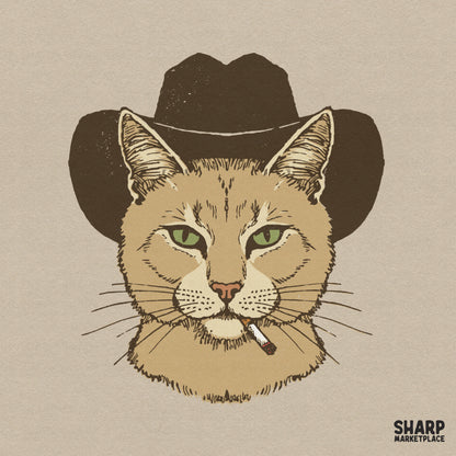 Hand-drawn illustration of a cool cat wearing a brown western cowboy hat with a cigarette in its mouth, perfect for sublimation and apparel.