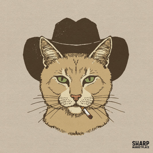 Hand-drawn illustration of a cool cat wearing a brown western cowboy hat with a cigarette in its mouth, perfect for sublimation and apparel.